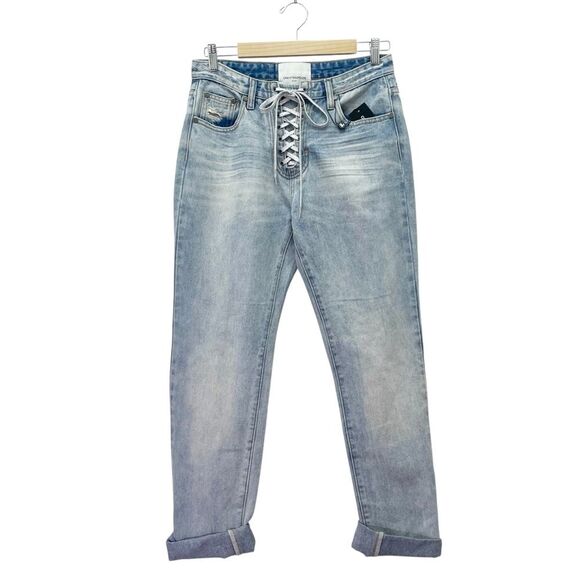NWT One Teaspoon Truckers Jeans Size 26 Lace Up Mid Rise Straight Leg Light Wash - Picture 2 of 13